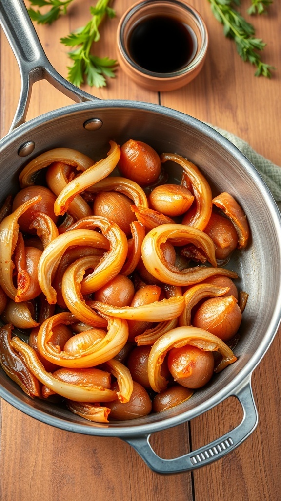 Caramelized pink onions in a skillet, glistening and tender, with herbs and balsamic vinegar on a rustic table.